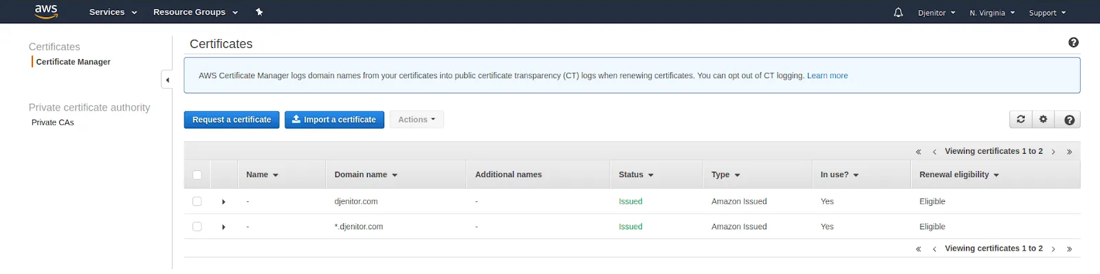 The ACM Service in AWS that allows to issue certificates for a custom domain to be used as endpoint for other services