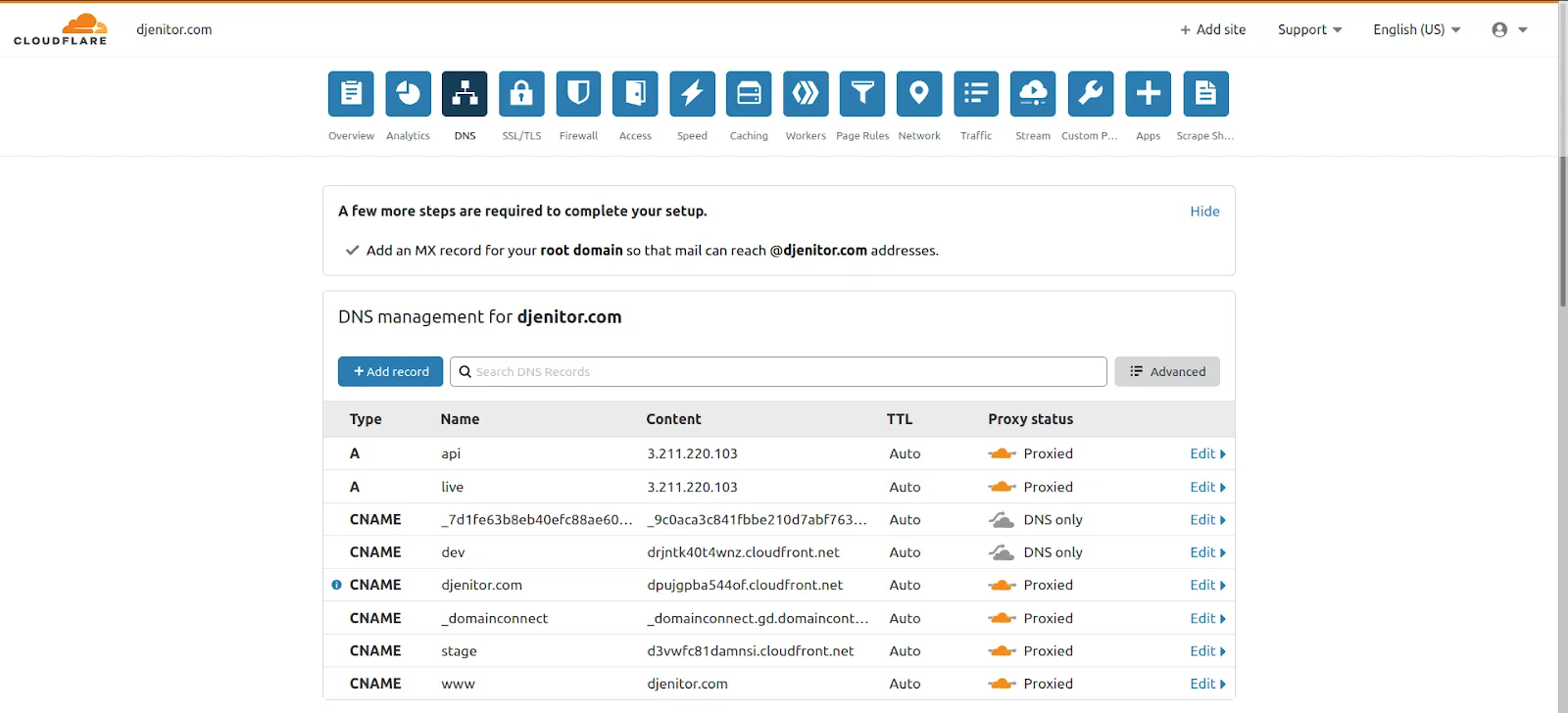 The DNS Panel in CloudFlare that allows the routing of traffic across custom origins defined either by IP or by name