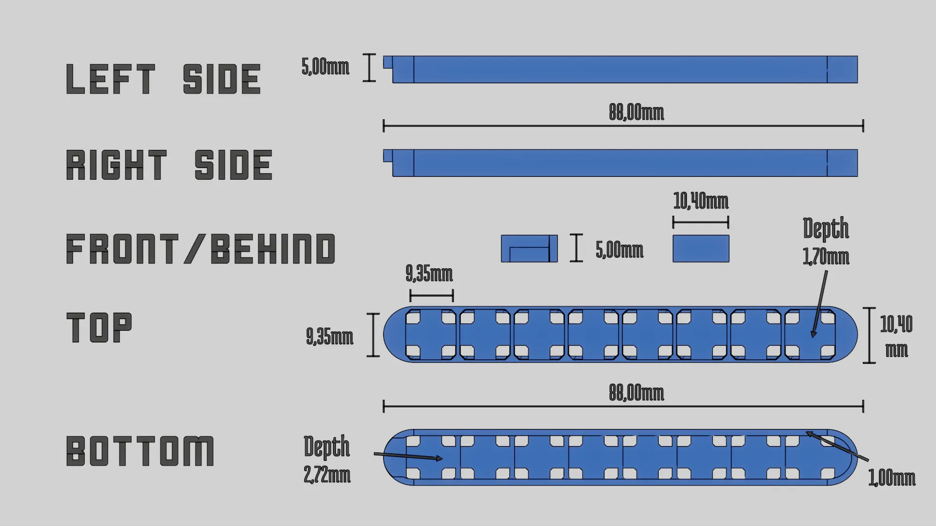 The 3D model dimensions in real units of the sensor case, to be correctly printed and fit under the strings between the pickups