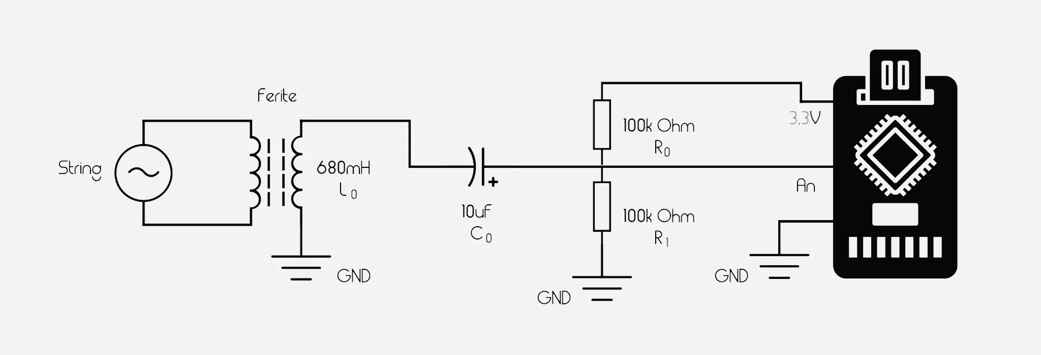 The circuit for a single Inductor, each instrument string corresponds to an Analogic Pin on the Microcontroller