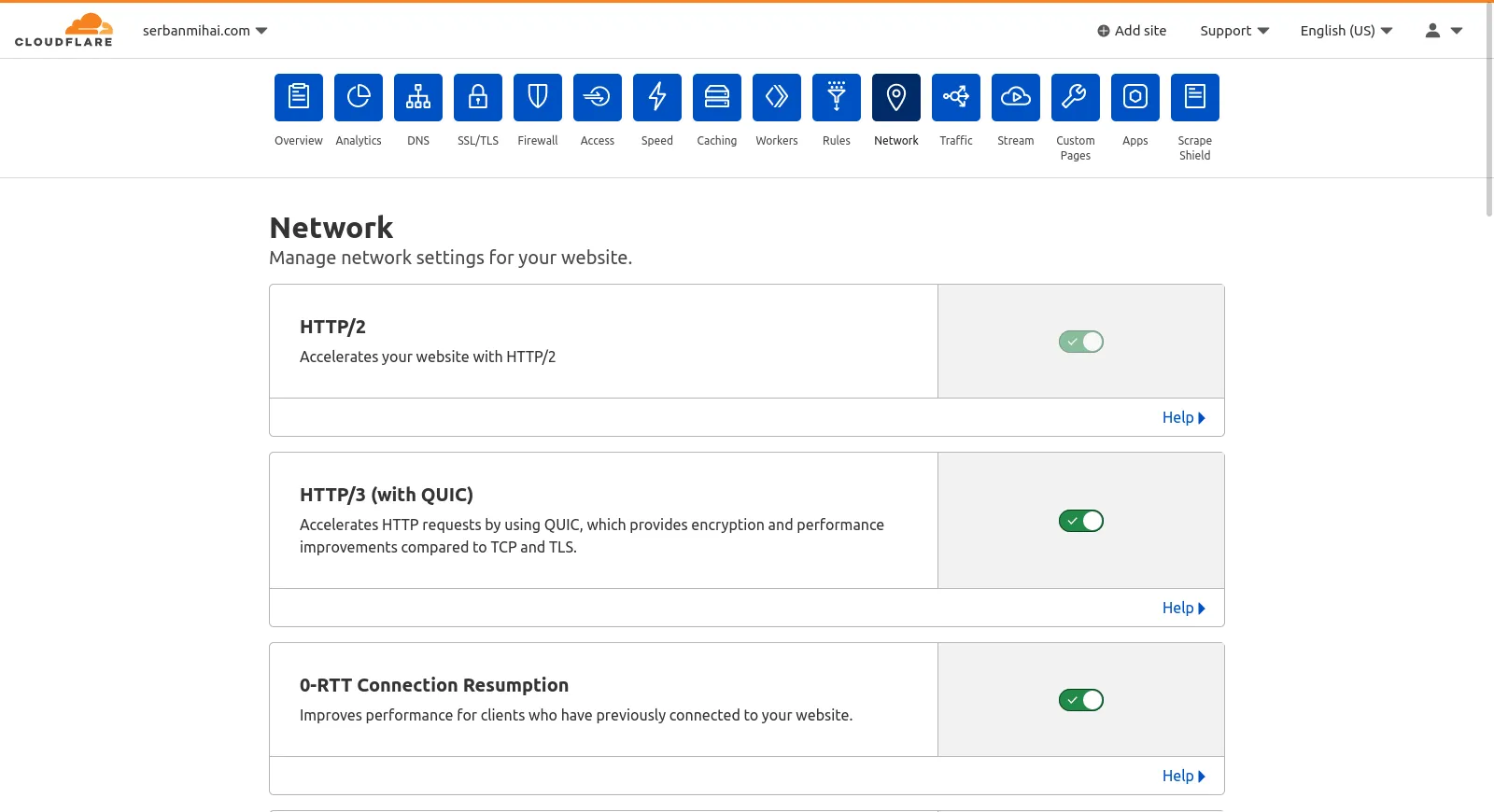 The Network Tab in the CloudFlare Console, along all the other services tabs