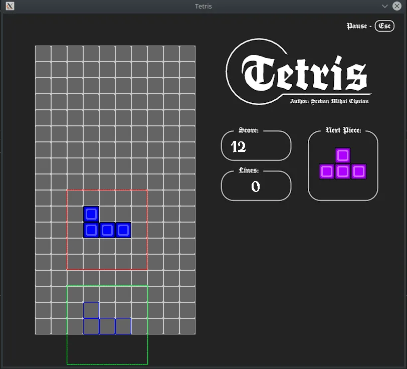 The Piece over the main Board and its Ghost standing below at the maximum lower level. The bounding box of the entire Piece matrix is highlighted